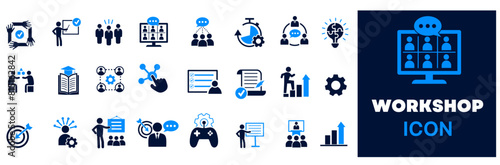 Workshop icon set. Containing team building, collaboration, teamwork, coaching, problem-solving and education icons. Solid icon collection.