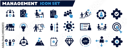 Business or organisation management icon set. Containing manager, teamwork, strategy, marketing, business, planning, training, employee icons. Solid icons vector collection.