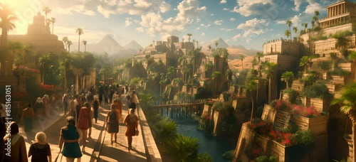 Hanging gardens of Babylon with citizens of Babylon walking towards temple to participate in ceremony. Gardens with stepped terraces, irrigation systems and lush greenery trees, shrubs, and flowers