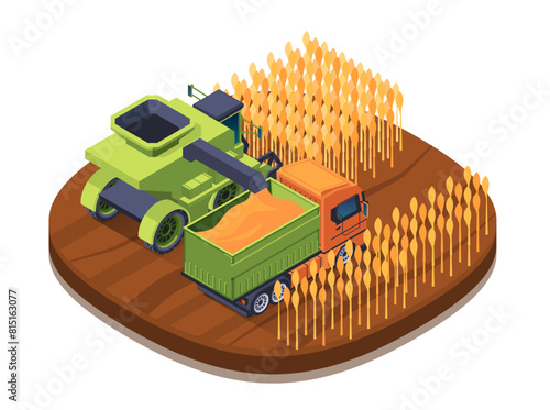 Isometric illustration of a combine harvester and truck in a wheat field, on a plain background, depicting agriculture. vector illustration