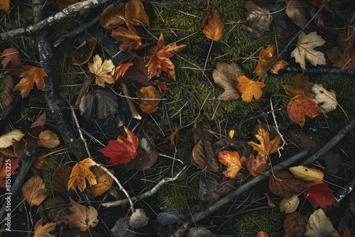 Autumn leaves scattered on the forest floor with moss and twigs