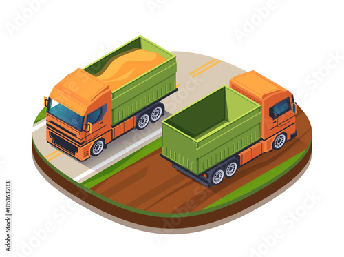 Two orange and green toy dump trucks on a round base, isometric illustration style, on a white background, concept of transportation. vector illustration