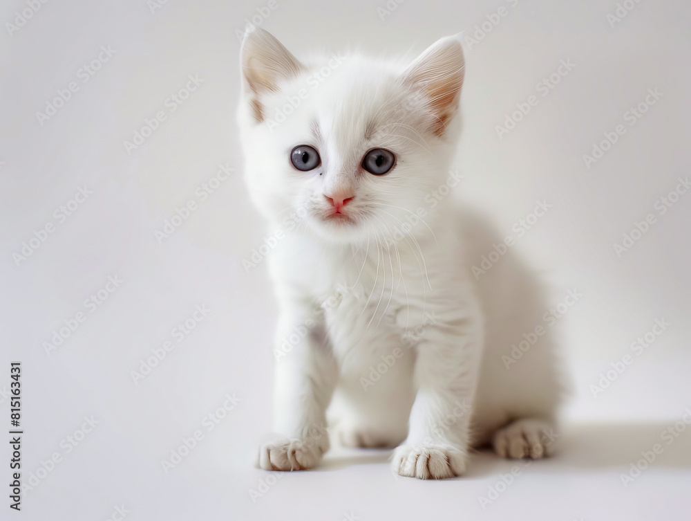 A white kitten sitting on a table with a gray background.