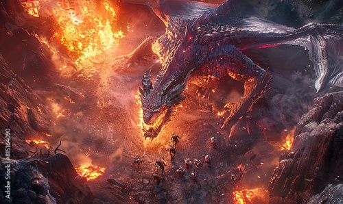 The dragon spews flames from its mouth and is surrounded by flames. photo