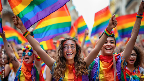 Vibrant scene at a Pride parade featuring joyful participants, arms raised, surrounded by a sea of rainbow flags, embodying the spirit of freedom and pride in the LGBTQ+ community.