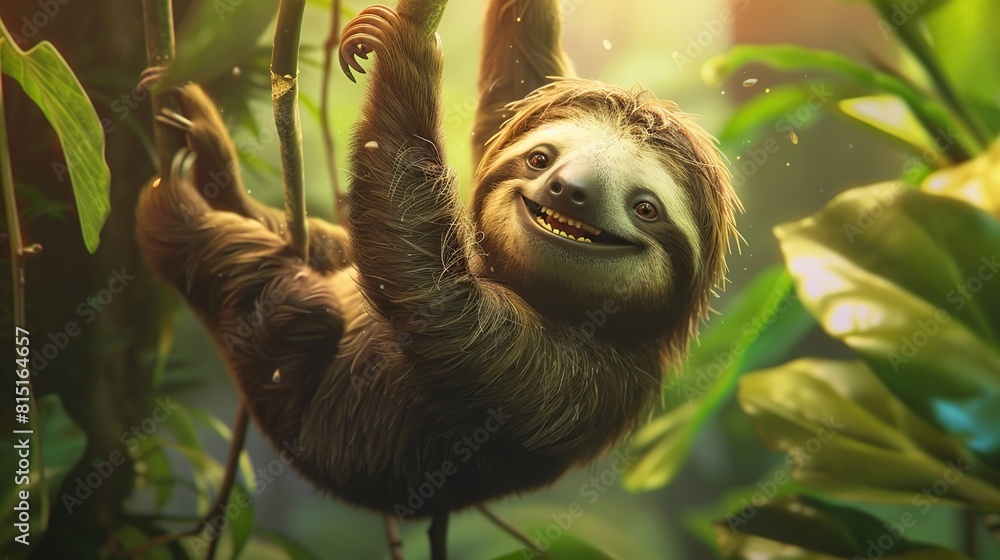 Naklejka premium A happy sloth hanging from a tree . Generative Ai