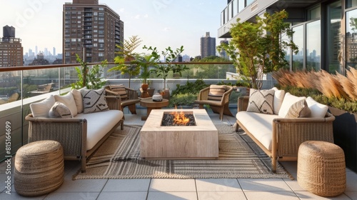 A balcony featuring woven wicker furniture and a fire pit, creating a cozy outdoor relaxation area.