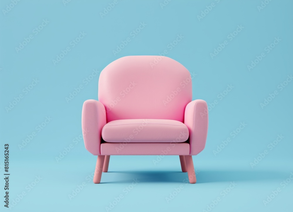 A minimalist pink armchair set against a serene blue background, perfect for modern interior design themes. A minimalist pink armchair set against a serene blue background, perfect for modern interior design themes.