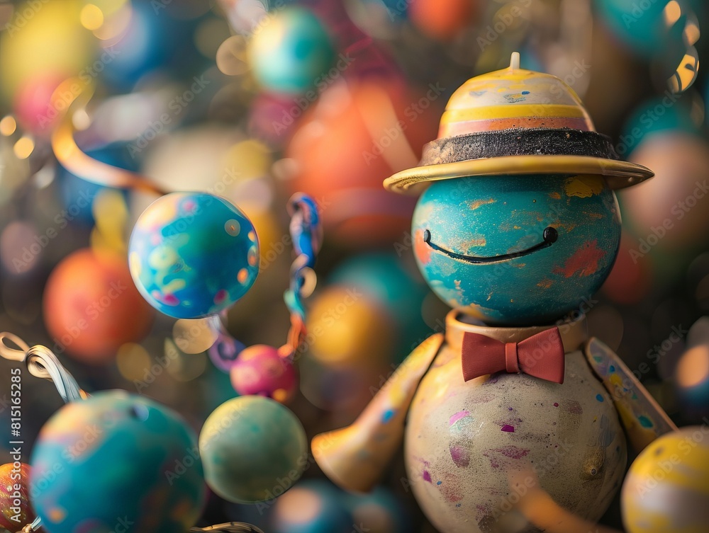 A cute toy figure with a smiling face and bowtie, surrounded by colorful decorative balls. Suitable for children's content, toys, or festive decorations. A cute toy figure with a smiling face and bowtie, surrounded by colorful decorative balls. Suitable for children's content, toys, or festive decorations.
