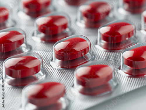 Red Gelatin Capsules in Blister Pack on Textured Surface