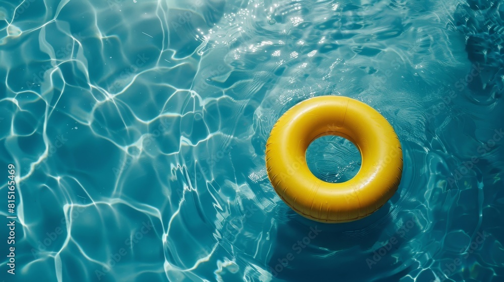 A bright yellow ring floats gently on the surface of a clear blue pool, creating ripples in the water