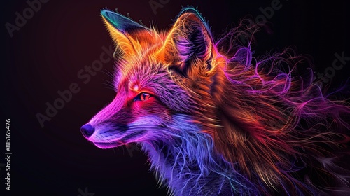 Abstract, colorful, neon portrait of a Fox s head on a black background . Generative Ai