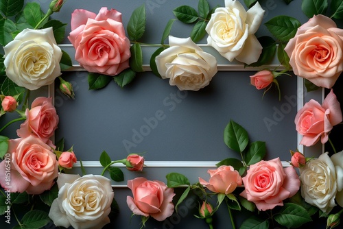 Assorted roses arranged around picture frame