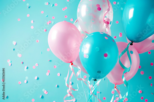 A bunch of balloons with confetti on a blue background.