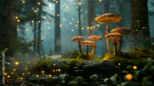 Background podium 3D product display stand platform, Fantasy Realm: A whimsical, enchanted forest-themed stand with fantasy elements like mushrooms and fairy lights.