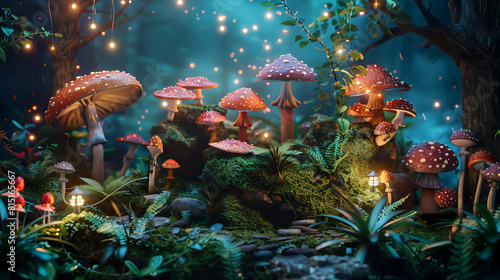 Background podium 3D product display stand platform, Fantasy Realm: A whimsical, enchanted forest-themed stand with fantasy elements like mushrooms and fairy lights.