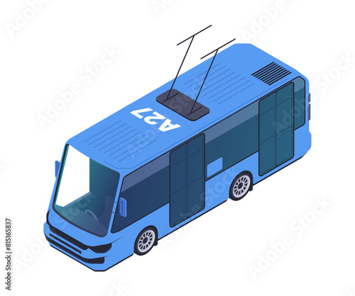Blue electric Trolleybus with trolley poles or trolley arms isolated on a white background, concept of modern and eco-friendly transportation. Isometric vector illustration