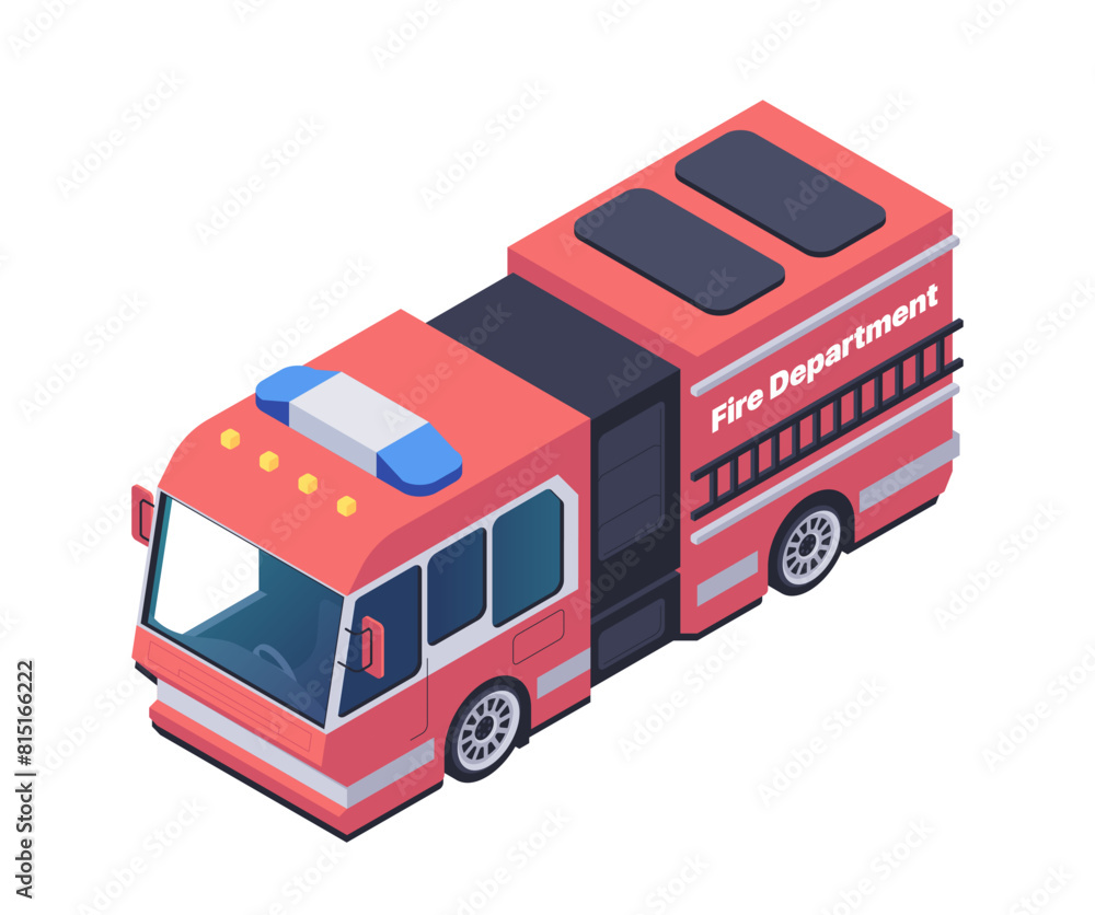 Isometric fire truck illustration in vibrant red and black colors on a light background, depicting emergency services. Vector illustration isolated on white background Isometric fire truck illustration in vibrant red and black colors on a light background, depicting emergency services. Vector illustration isolated on white background