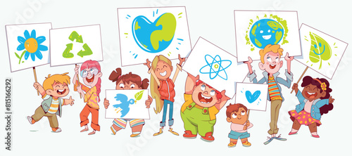 Group of children holding drawn posters on the theme of ecology, protection of nature and the environment. Colorful cartoon character. Funny vector illustration. Isolated white background