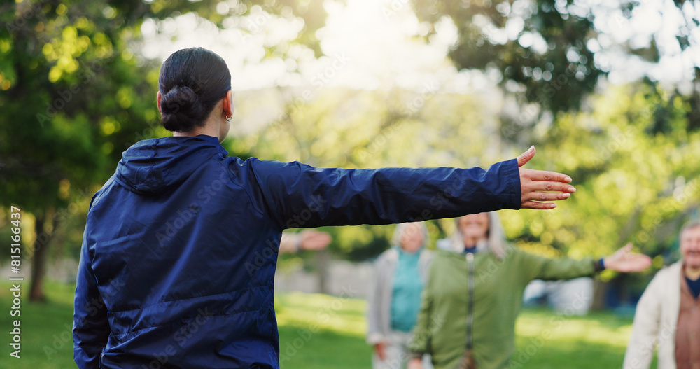 Naklejka premium Woman, personal trainer and stretching in nature for elderly care, workout or outdoor exercise. Rear view of female person, coach or instructor training mature group of people at park for fitness