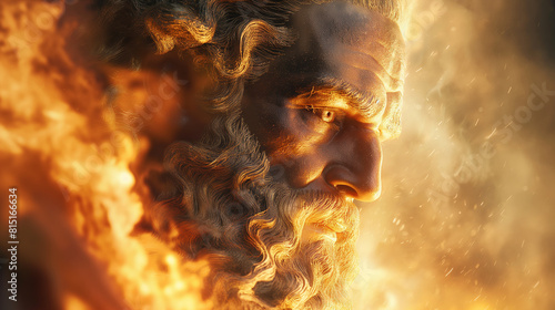 A close-up photograph capturing the fiery forge of Hephaestus, god of fire and craftsmanship, as he hammers and shapes celestial metals into divine artifacts and wondrous invention photo