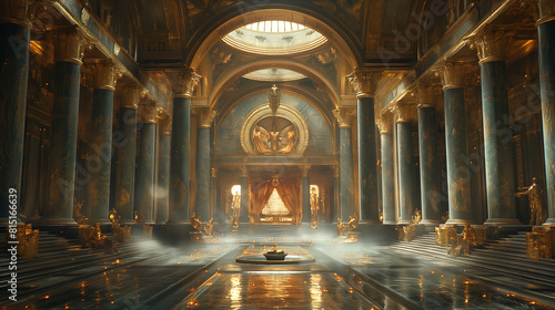 A visually stunning composition featuring the celestial palace of Mount Olympus, with its gleaming halls and majestic thrones, where the gods convene to feast and revel in their im photo