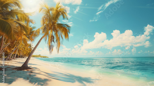 A tropical beach scene featuring palm trees against a clear blue sky