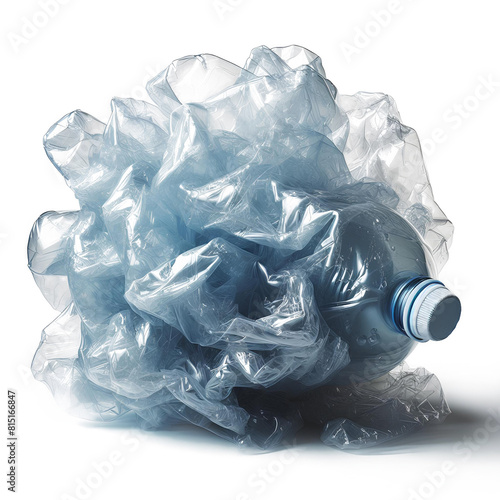 Bottiglia di plastica accartocciata blu polvere in trasparenza e scontornata su sfondo trasparente per riciclo rifiuti multimateriale ecosostenibile photo