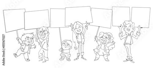 Children hold up signs. Ready template for your inscription or design. Sample text here. Black and white cartoon character. Funny vector illustration. Isolated white background