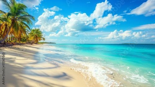 A sandy beach with multiple palm trees swaying in the breeze under a clear blue sky. The tranquil blue waters gently lap against the shore