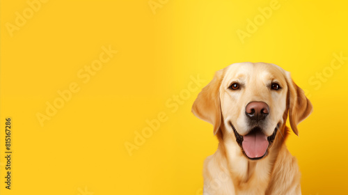 labrador retriever portrait with mouth open on yellow background photo