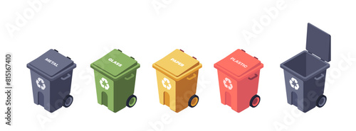 Isometric recycling bins for metal, glass, paper, and plastic, concept of waste sorting. Set of vector illustrations isolated on white background