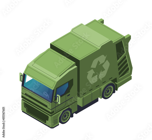 Isometric garbage truck with recycling symbol, vector illustration isolated on white background, concept of waste management