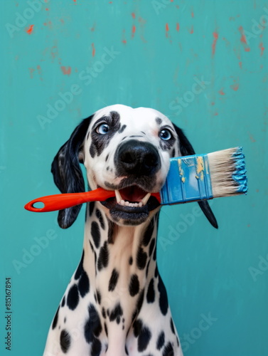 A dalmatian dog holds a paintbrush in its mouth against a blue background. Renovation concept. For advertising, poster, banner, billboard, ad © Milan