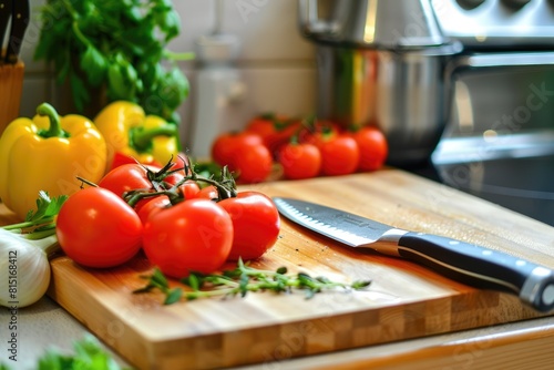 Vegetarian Diet. Close Up of Chopping Board and Knife with Fresh Vegetables on Countertop in Kitchen