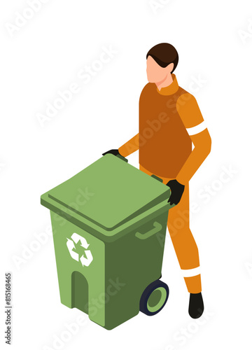 Person moving a green recycling bin, representing recycling and environmental care. Simple style vector illustration isolated on white background