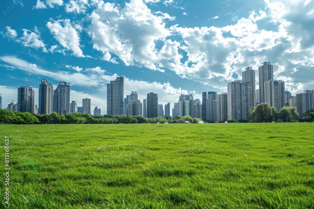 Nature City. Green Lawn City Skyline with Blue Sky Landscape Nature City. Green Lawn City Skyline with Blue Sky Landscape