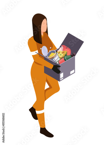 Woman carrying food waste in a box. Isometric vector illustration isolated on white background