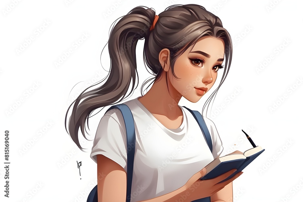 Art of Education: Charming Student Grasping Knowledge, AI-generated art of amazing girl. Girl Holding Pen and Book with Hope Art of Education: Charming Student Grasping Knowledge, AI-generated art of amazing girl. Girl Holding Pen and Book with Hope