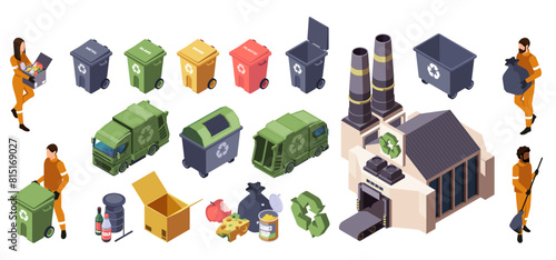Isometric recycling concept. Set of vector illustrations showing workers, trucks, bins, and a recycling facility isolated on a white background