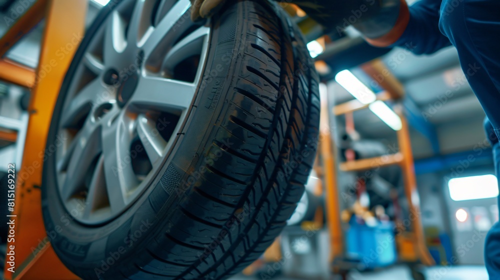 Fototapeta premium Close up of a technician checking tires of the car in the service station