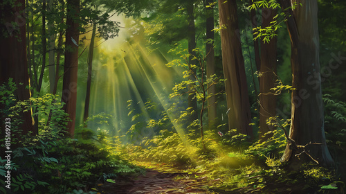 featuring sunlight filtering through the dense foliage  casting dappled shadows on the forest floor  and highlighting the vibrant colors of the flora and fauna