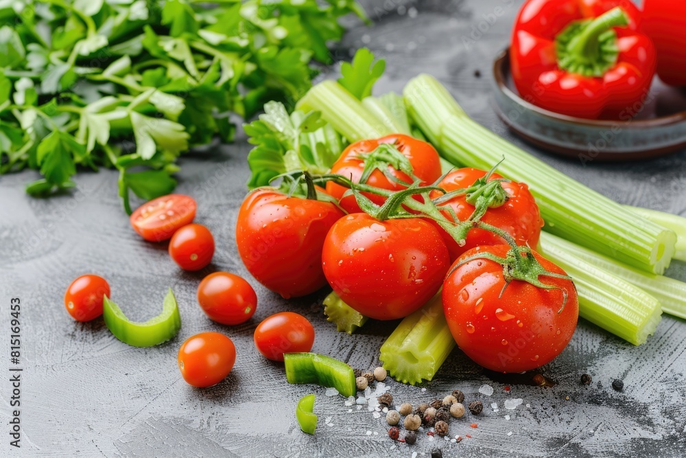 Vegetable Ingredients. Fresh Salad with Tomatoes, Celery, and Bell Pepper on a Concrete Table Vegetable Ingredients. Fresh Salad with Tomatoes, Celery, and Bell Pepper on a Concrete Table