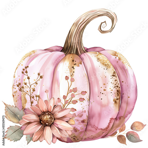 Pretty fantasy style pink and gold coloured whimsical pumpkin illustration, with a lovely flower, berries and leaves, in a watercolour style, unique autumn design, on a transparent background