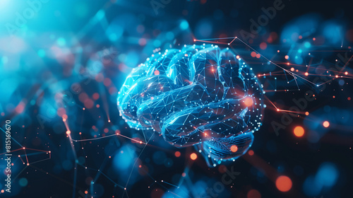 A blue digital brain with glowing connections, representing the power of artificial intelligence and its role in data analysis and machine learning.
