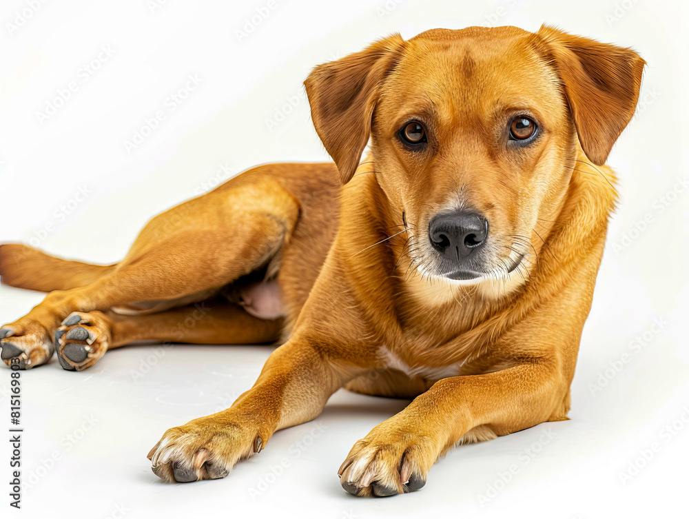 A brown dog is laying down on a white background.