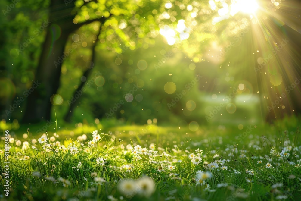 Serene Nature. Sunlight over Blooming Meadow with Glade and Trees in Spring