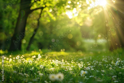 Serene Nature. Sunlight over Blooming Meadow with Glade and Trees in Spring