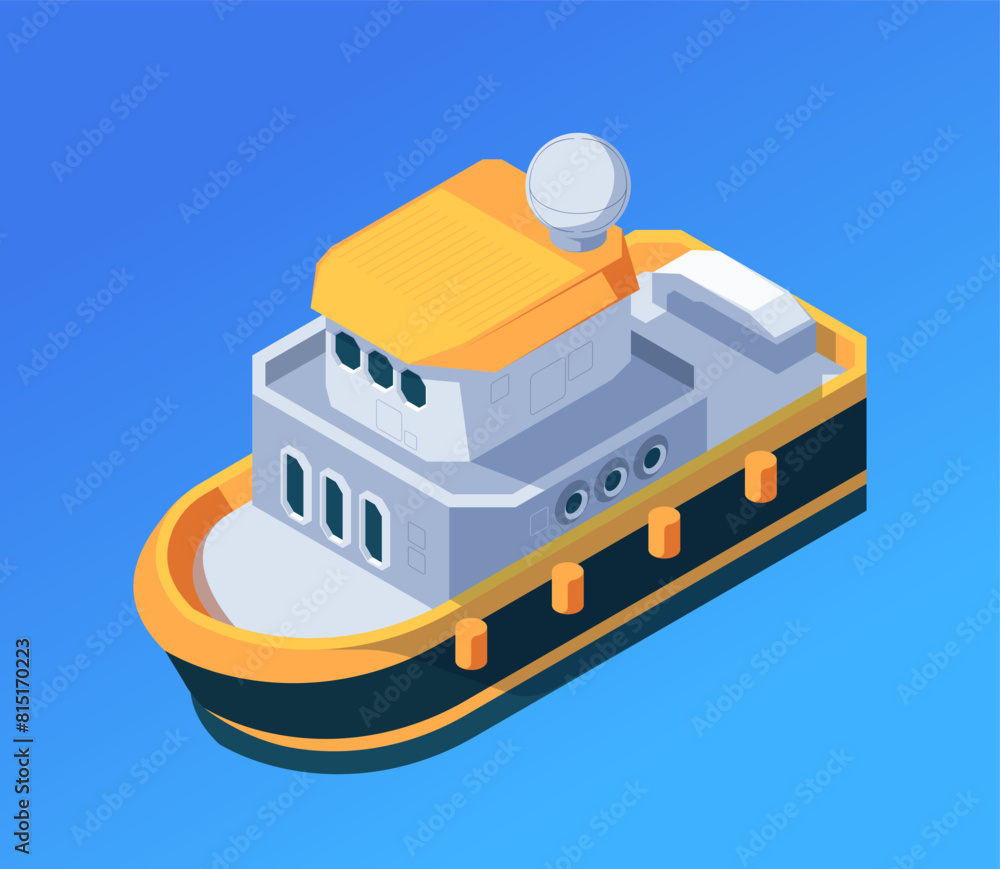 Isometric tugboat illustration on a blue background, highlighting maritime transportation concepts. Modern vector illustration Isometric tugboat illustration on a blue background, highlighting maritime transportation concepts. Modern vector illustration