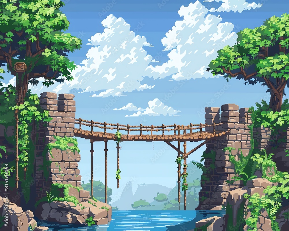 A pixel art image of a stone bridge over a river. The bridge is ...